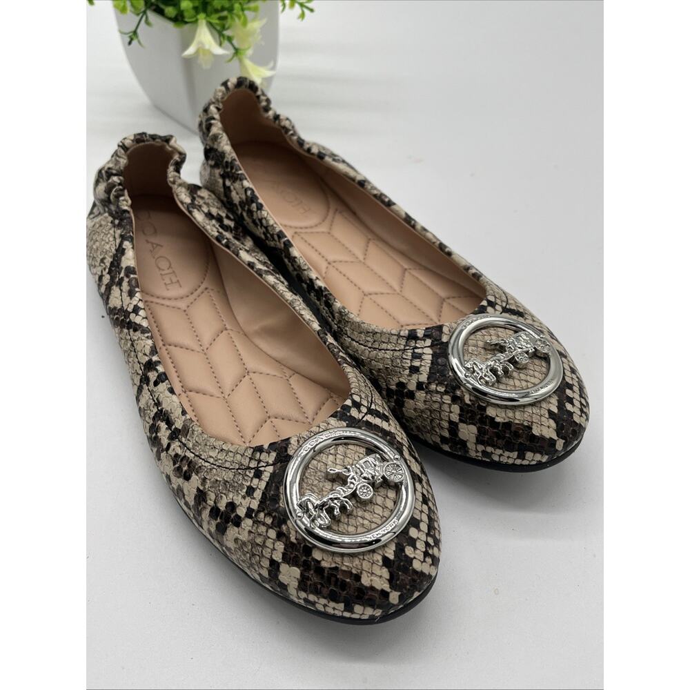 Coach Women's Brown Snakeskin Print Horse & Carriage Round Toe Flats Size 6